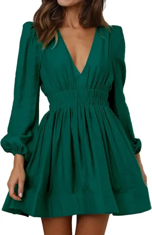 Womens Mini Dress 2025 Long Sleeve Deep V Sexy Dresses High Waisted Casual Flowy Dress A-line Ruffle Swing Dresses