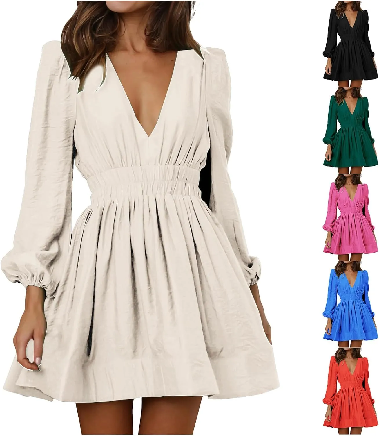 Womens Mini Dress 2025 Long Sleeve Deep V Sexy Dresses High Waisted Casual Flowy Dress A-line Ruffle Swing Dresses