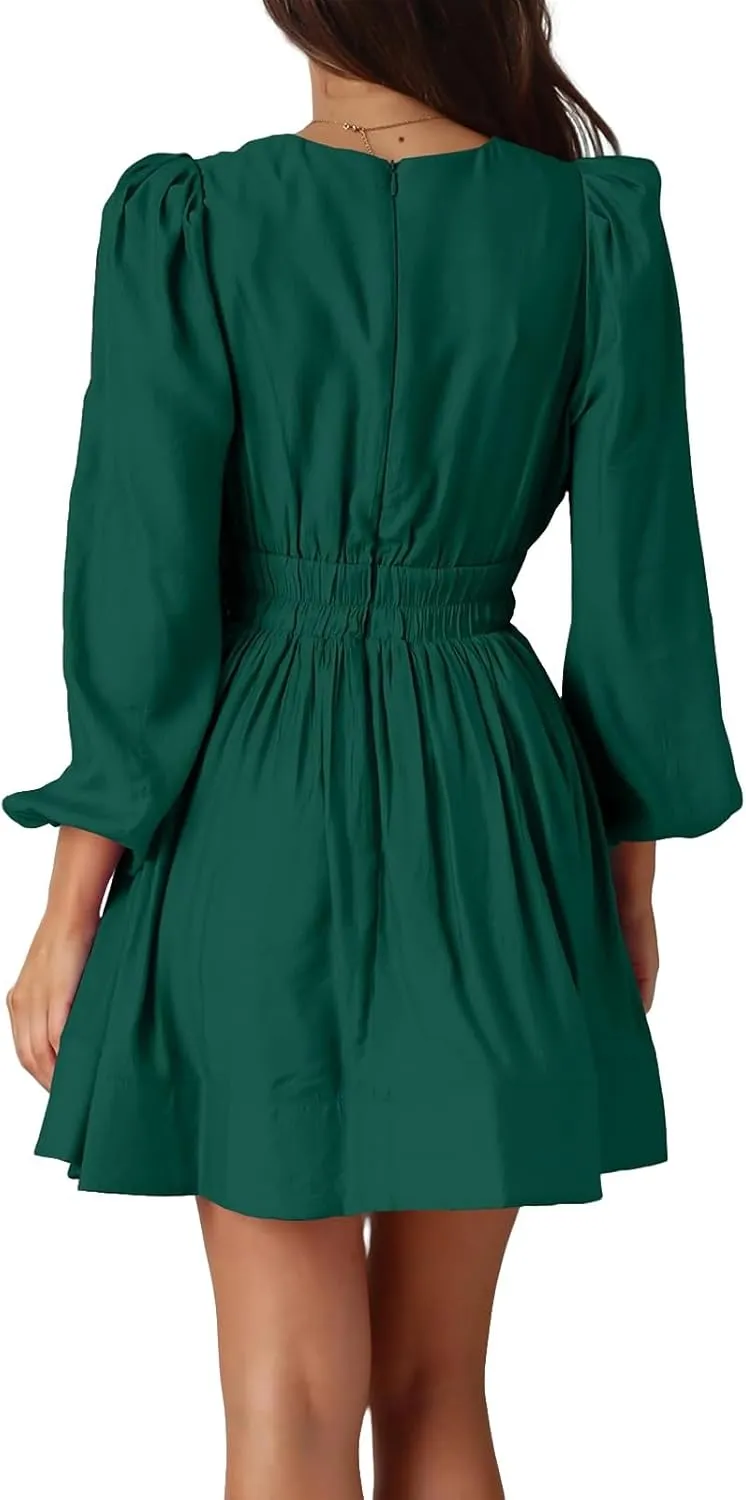 Womens Mini Dress 2025 Long Sleeve Deep V Sexy Dresses High Waisted Casual Flowy Dress A-line Ruffle Swing Dresses