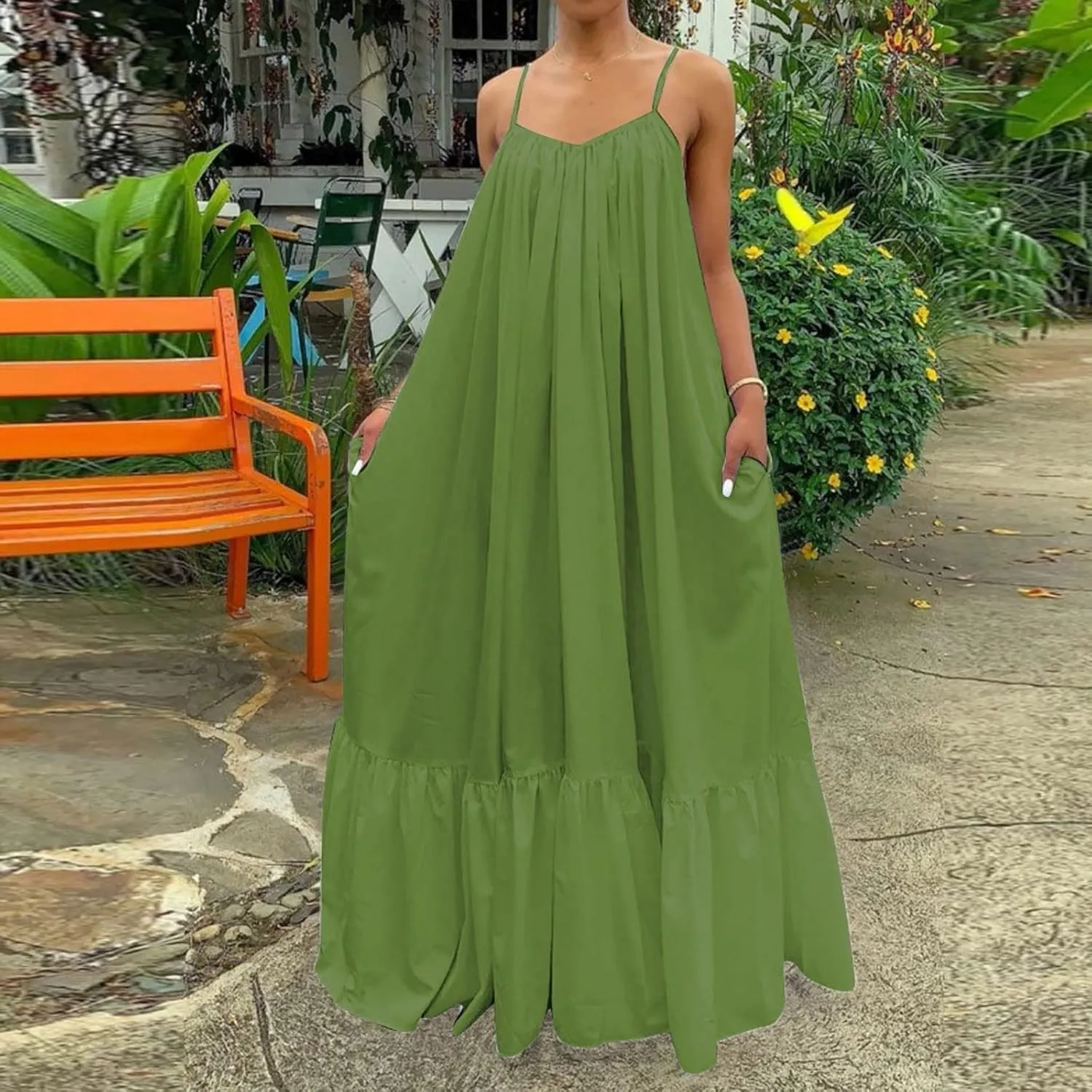 Womens Sexy Sleeveless Spaghetti Strap Dress Ruched Ruffle Hem Beach Sundress Loose Long Boho Maxi Swing Dresses
