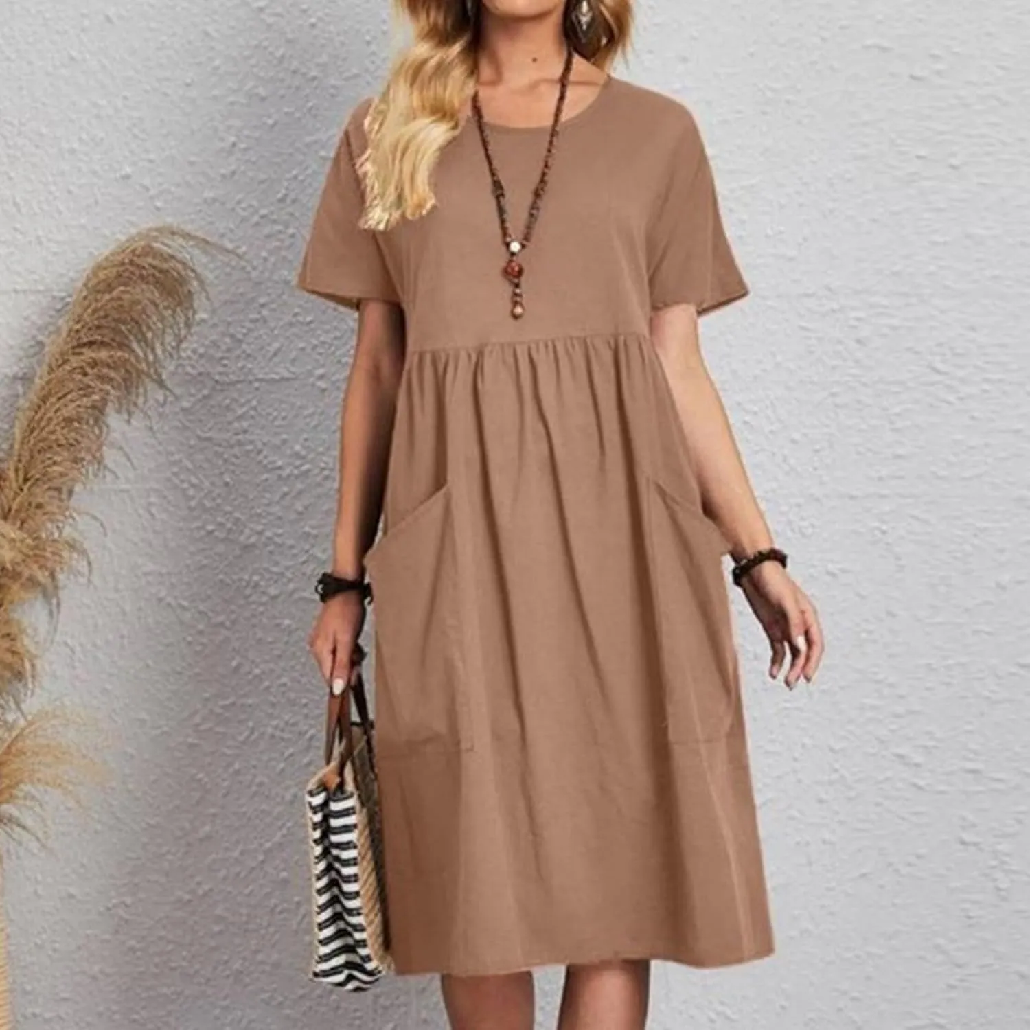 Women's Summer Dress Short Sleeve Round Neck High Waist Dresses Solid Color Cotton Midi Dress Plus Size Casual Dress