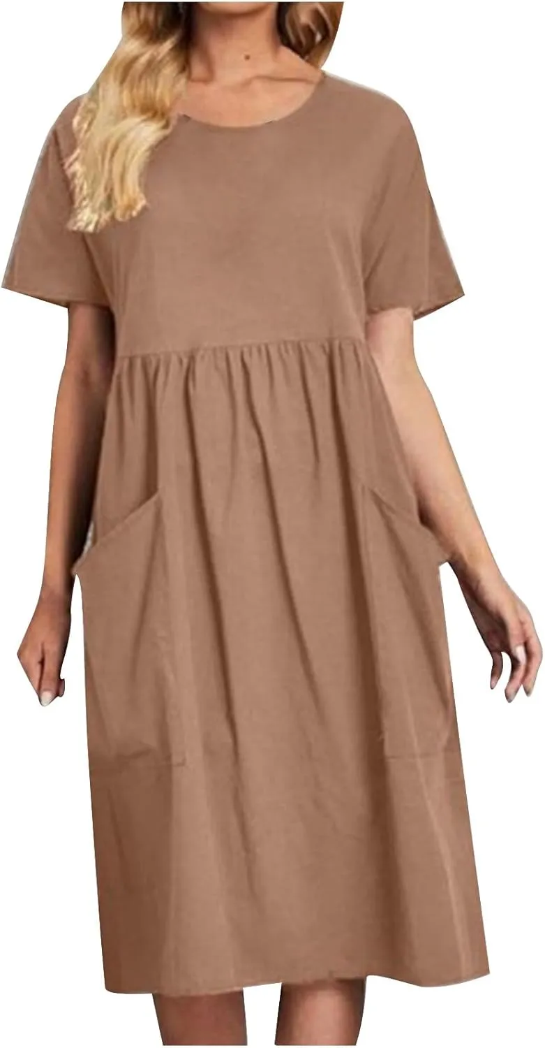 Women's Summer Dress Short Sleeve Round Neck High Waist Dresses Solid Color Cotton Midi Dress Plus Size Casual Dress