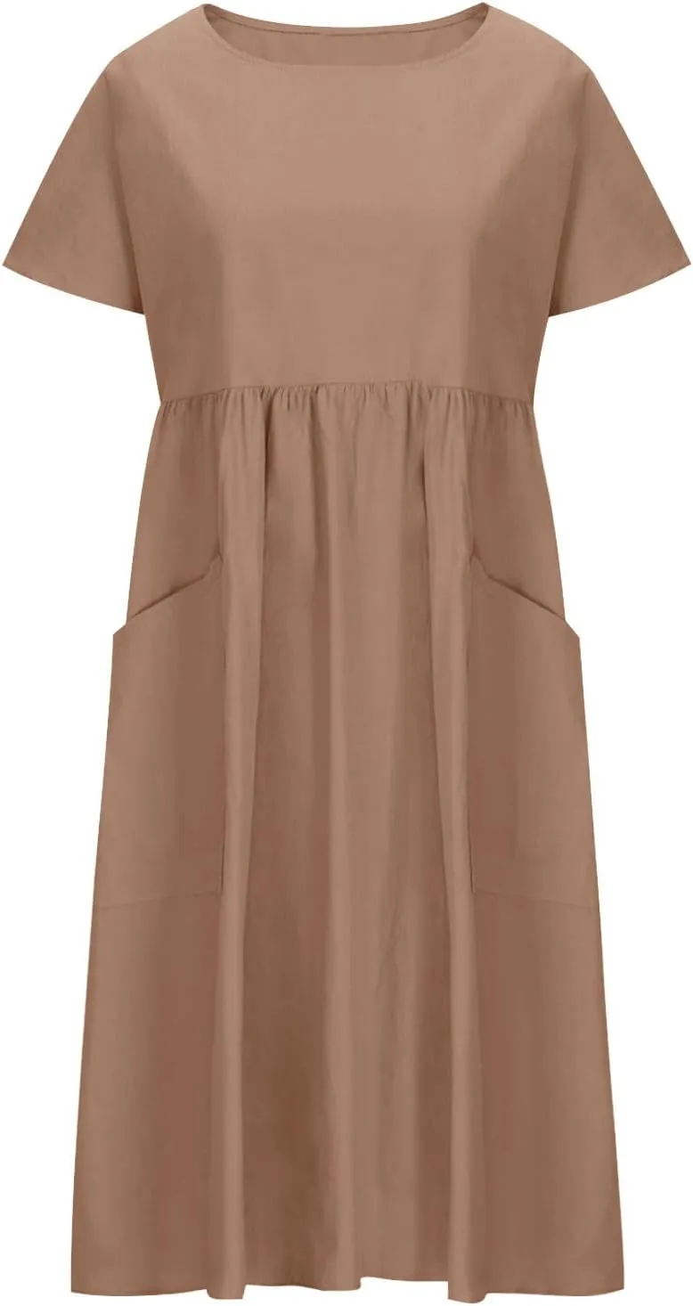 Women's Summer Dress Short Sleeve Round Neck High Waist Dresses Solid Color Cotton Midi Dress Plus Size Casual Dress