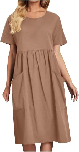 Women's Summer Dress Short Sleeve Round Neck High Waist Dresses Solid Color Cotton Midi Dress Plus Size Casual Dress