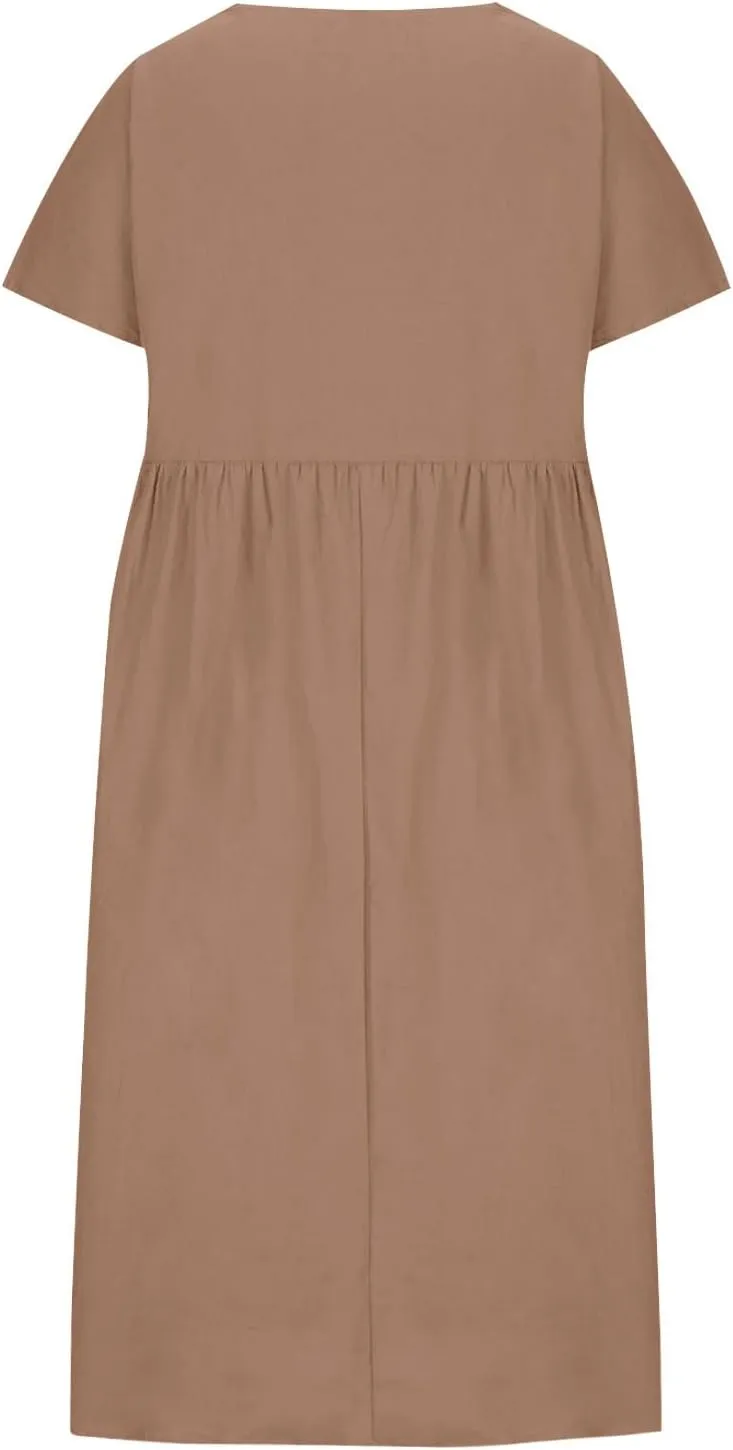 Women's Summer Dress Short Sleeve Round Neck High Waist Dresses Solid Color Cotton Midi Dress Plus Size Casual Dress