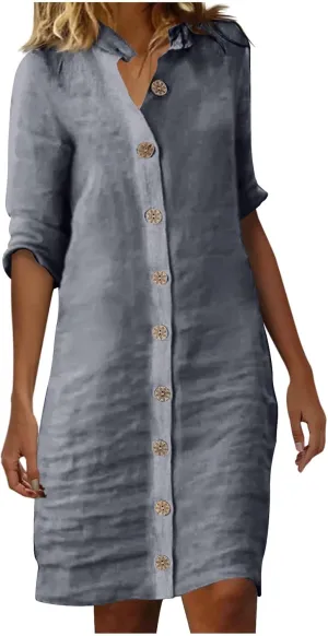 Women's Summer Shirt Dresses Loose Button Down 1/2 Sleeve Solid Color Dress 2024 Trendy Casual Lapel Midi Dresses