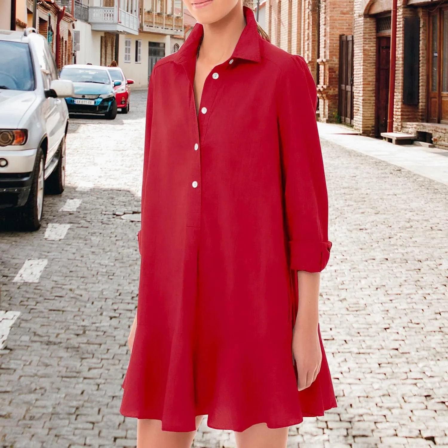 Womens T Shirt Mini Dress Long Sleeve Cotton Short Dress Button Up Ruffle Hem Dresses Ruffle Sleeve Dress Plus Size