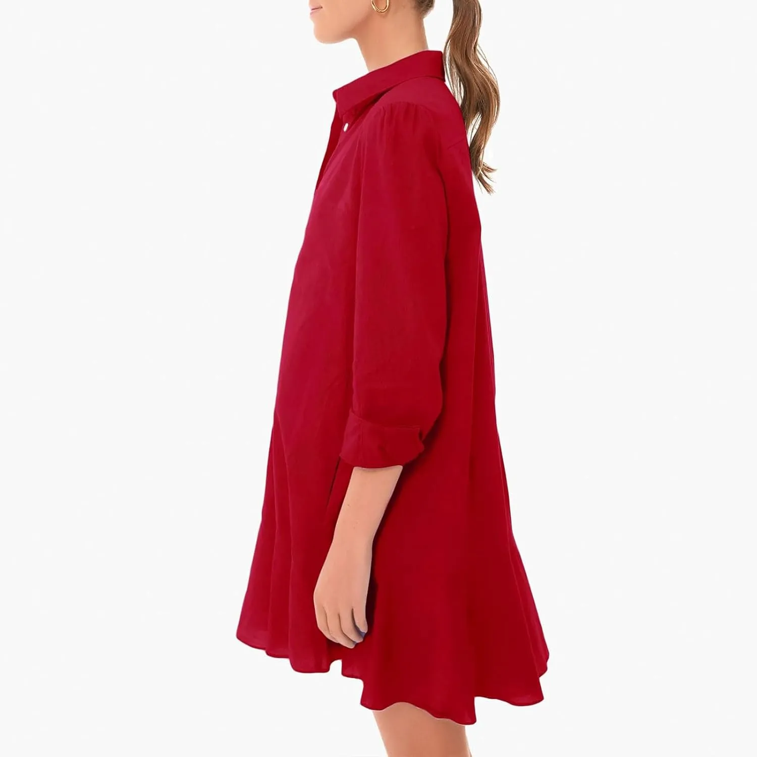 Womens T Shirt Mini Dress Long Sleeve Cotton Short Dress Button Up Ruffle Hem Dresses Ruffle Sleeve Dress Plus Size