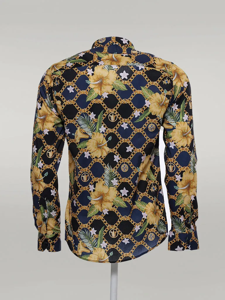 WSS Colorful Floral Patterned Slim Fit Long Sleeves Navy Blue Men Shirt  - Singen