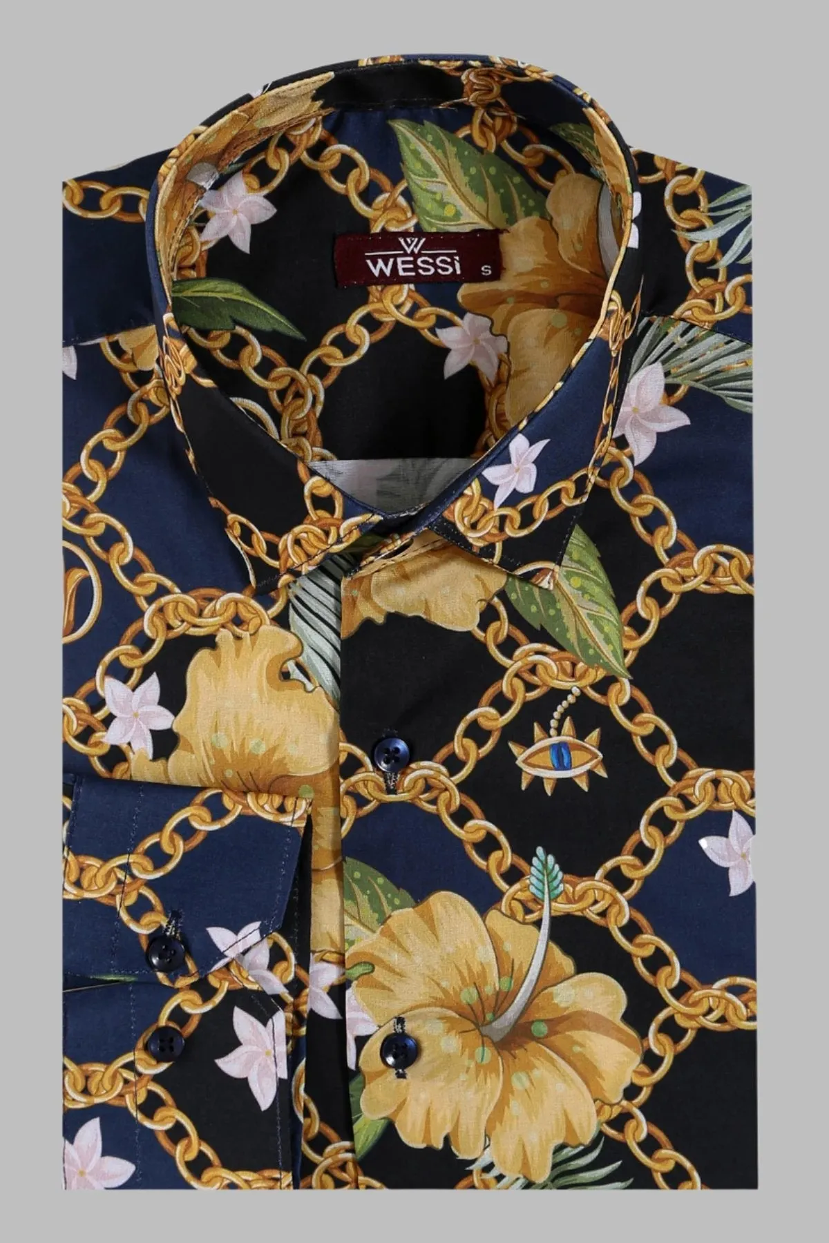WSS Colorful Floral Patterned Slim Fit Long Sleeves Navy Blue Men Shirt  - Singen